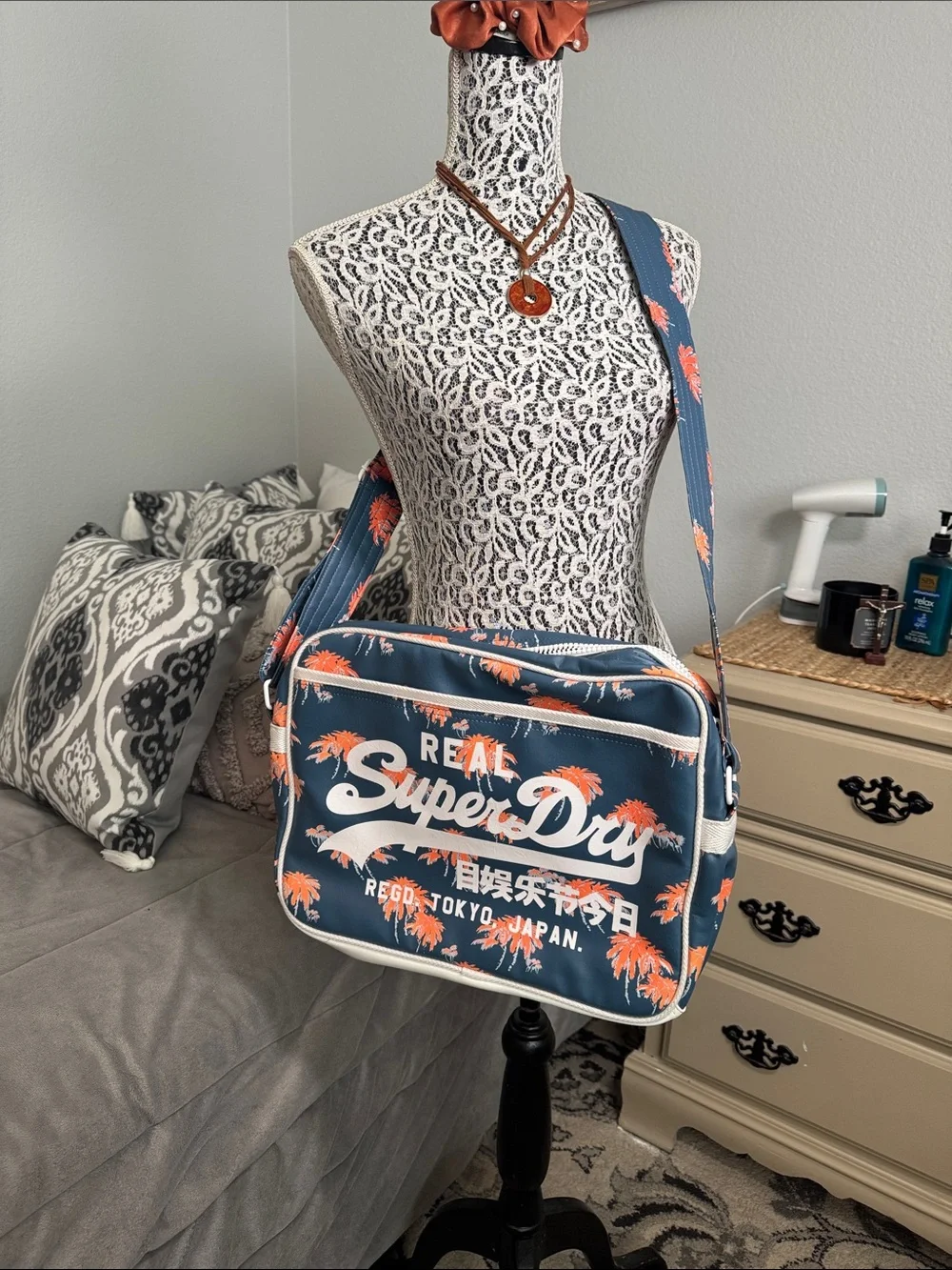 Superdry Navy and Orange Palm Print Crossbody/shoulder laptop travel bag